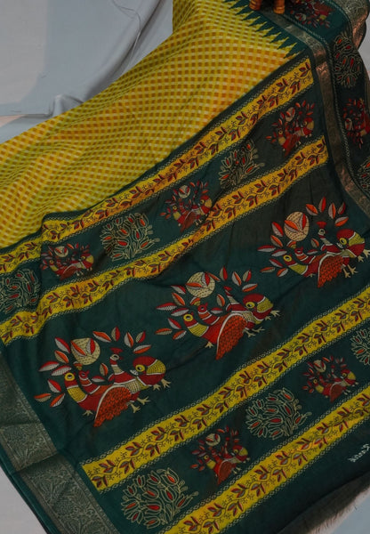Semi Dola Saree-Yellow in Checked Pattern