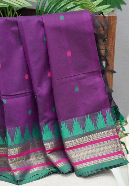 Chettinad Cotton Saree–Wine with Temple Zari Border