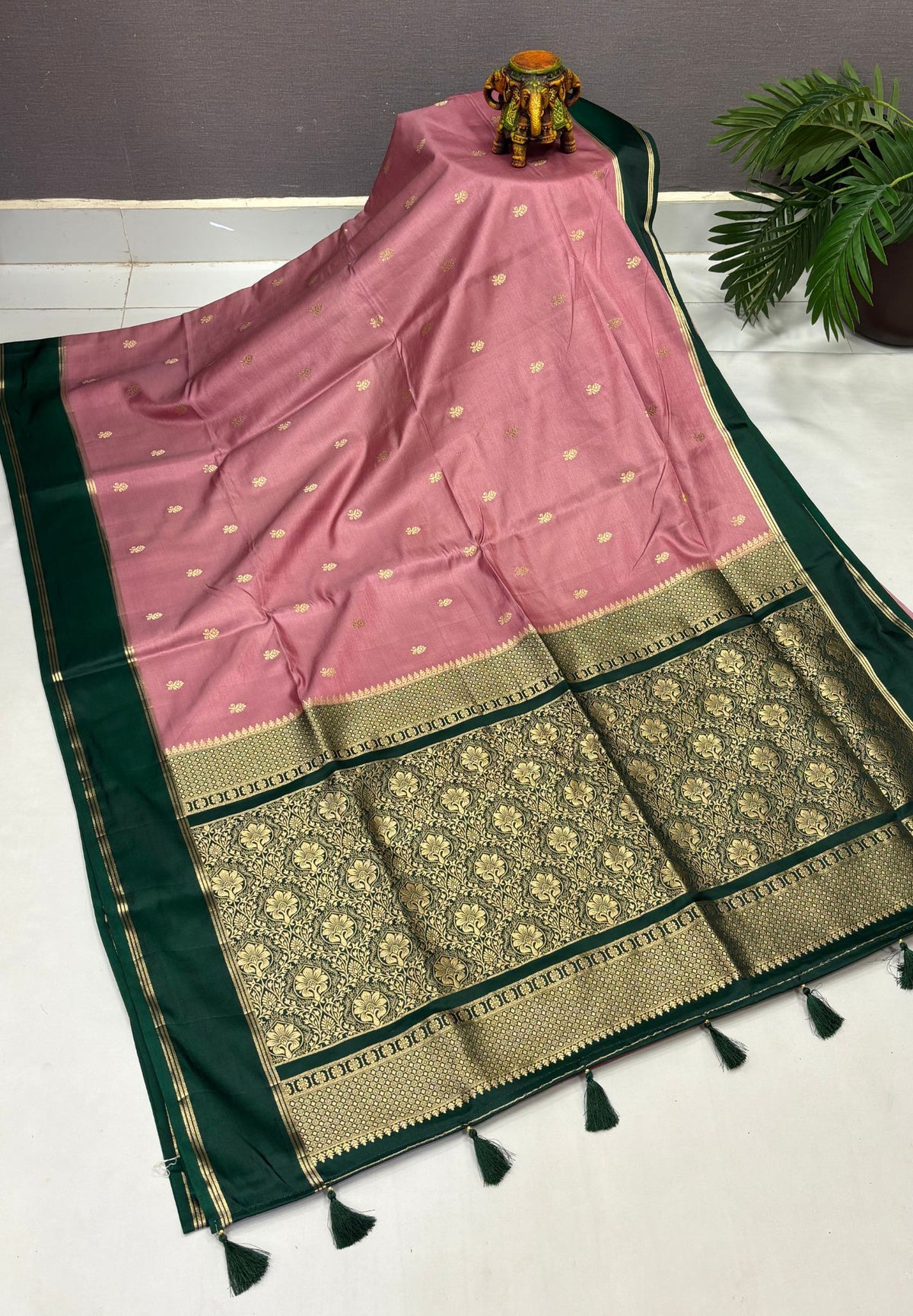 Gaji Silk Saree-Dusky Pink in Floral Brocade Zari with Contrast Border