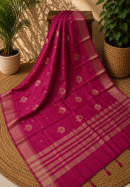 Semi Tussar Saree-Rani Pink with Floral Zari Motif