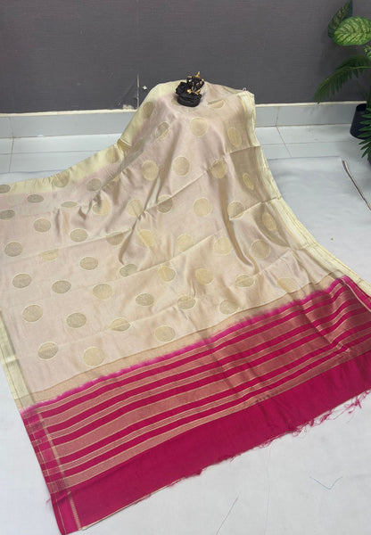Soft Tussar saree-Off White With Round Motif
