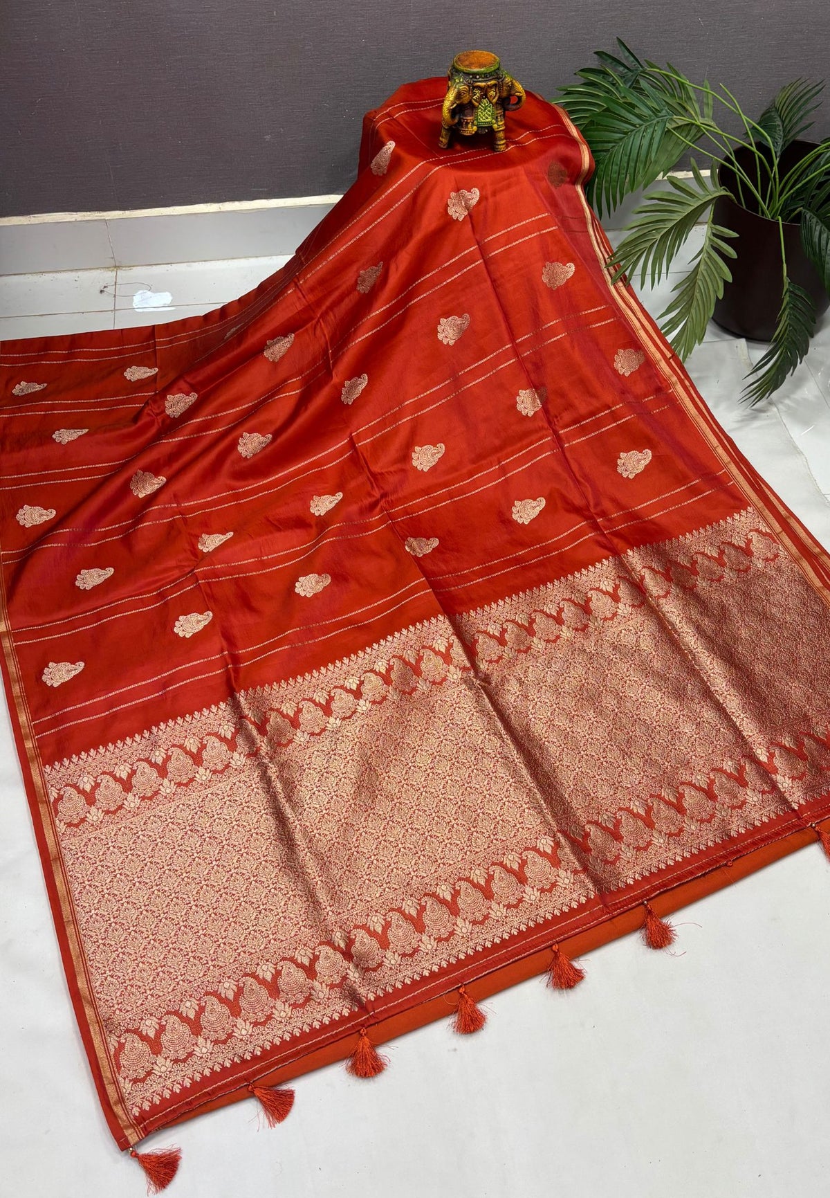 Gaji Silk Saree-Rust Orange in Paisley Jhumka Zari Border