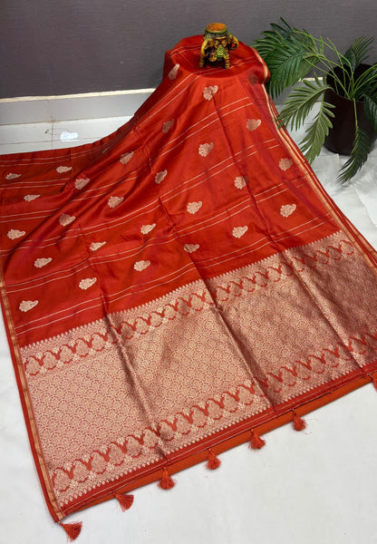 Gaji Silk Saree-Rust Orange in Paisley Jhumka Zari Border