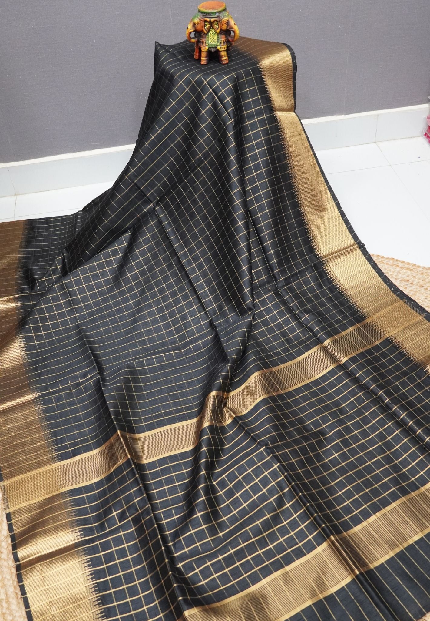Semi Raw Silk Saree-Black in Checked Zari