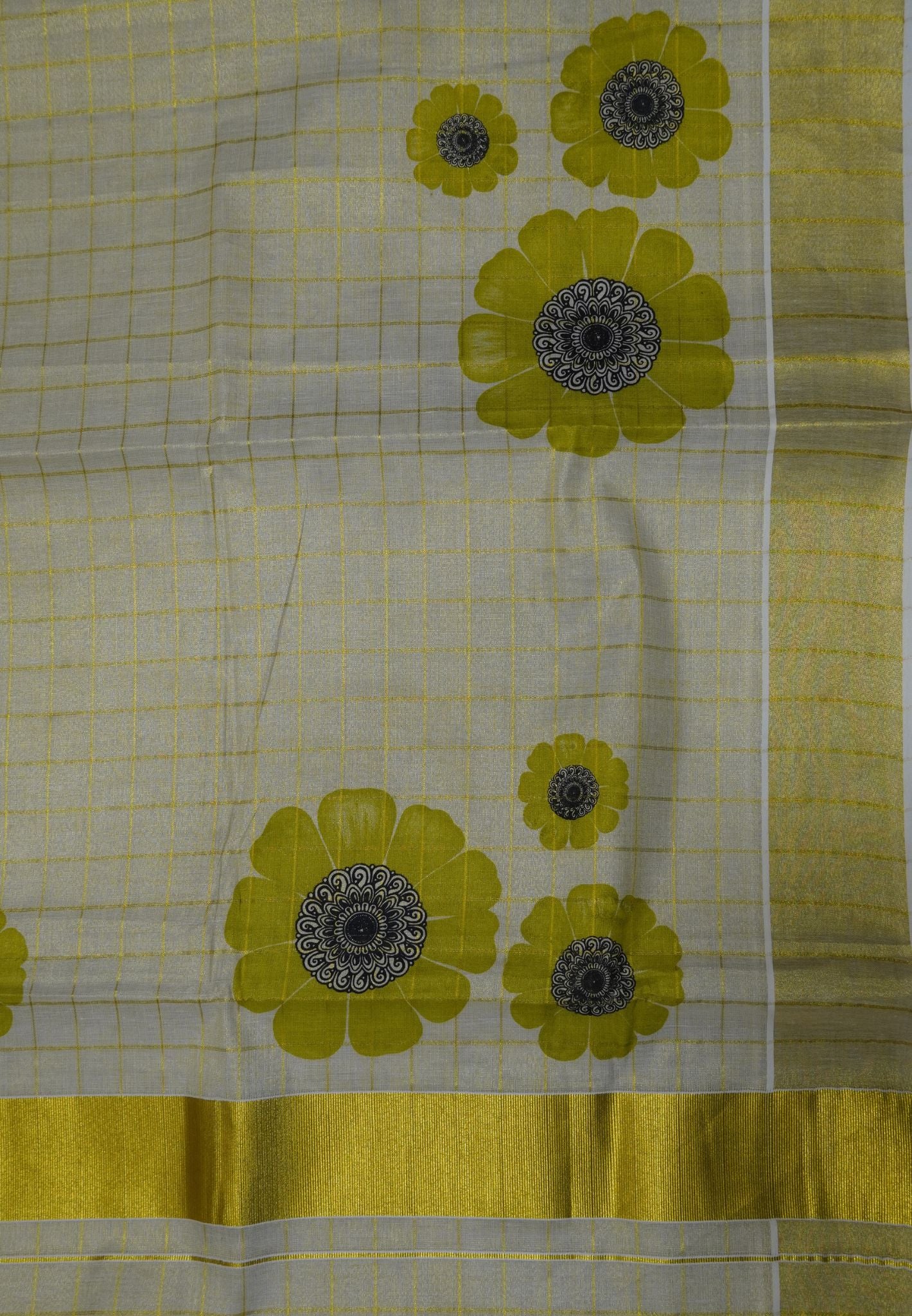 Tissue Saree – Sandal with Golden Checks and Green Floral Print