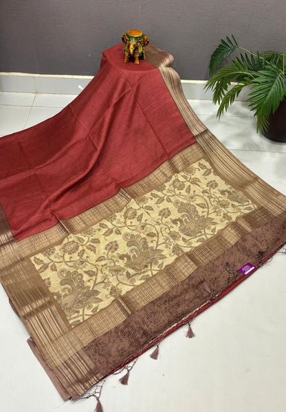 Muslin Tussar Saree-Maroon In Floral Vine Border