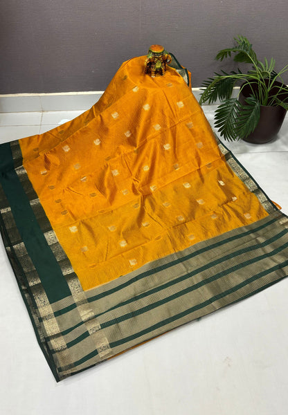Semi Tussar Saree- Mustrd in Traditional Floral Zari Stripe with Contrast Border
