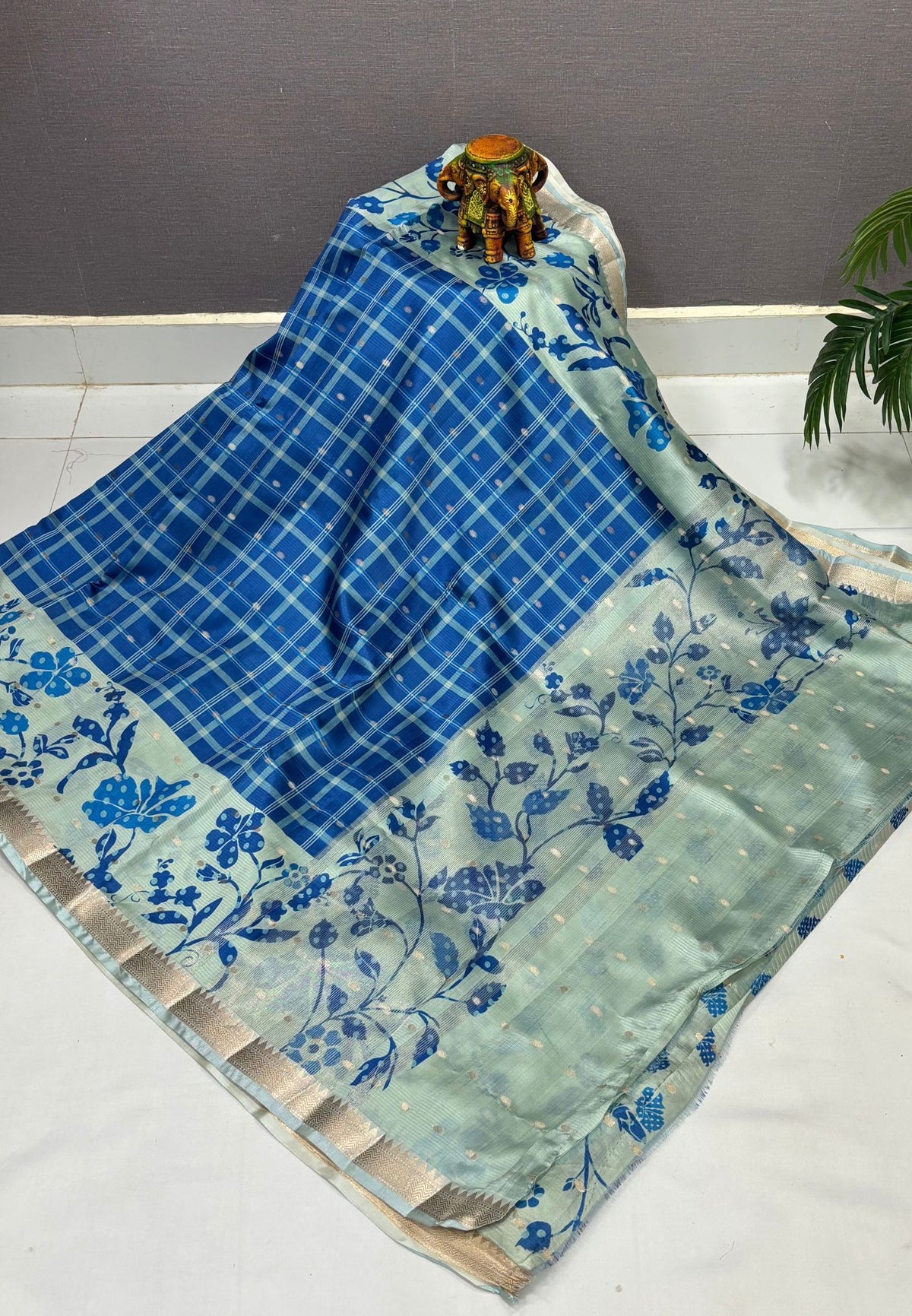 Soft Tussar Saree-Blue In Floral Vine Border