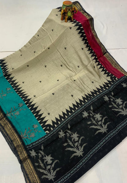 Malai Cotton Saree-Ramar Blue in Tower Print