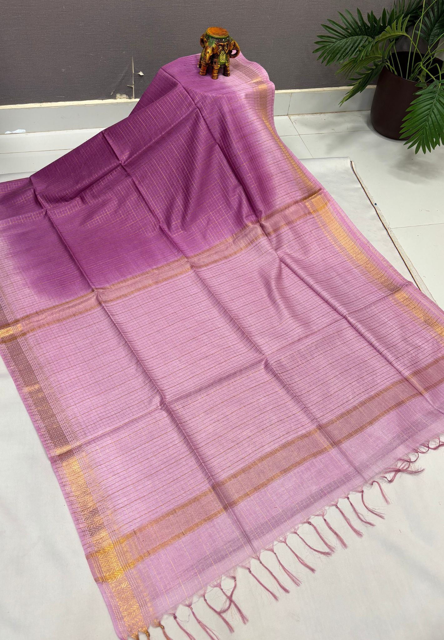 Semi Bhagalpur Tussar Saree- Baby Purple in Zari checks with Contrast Border