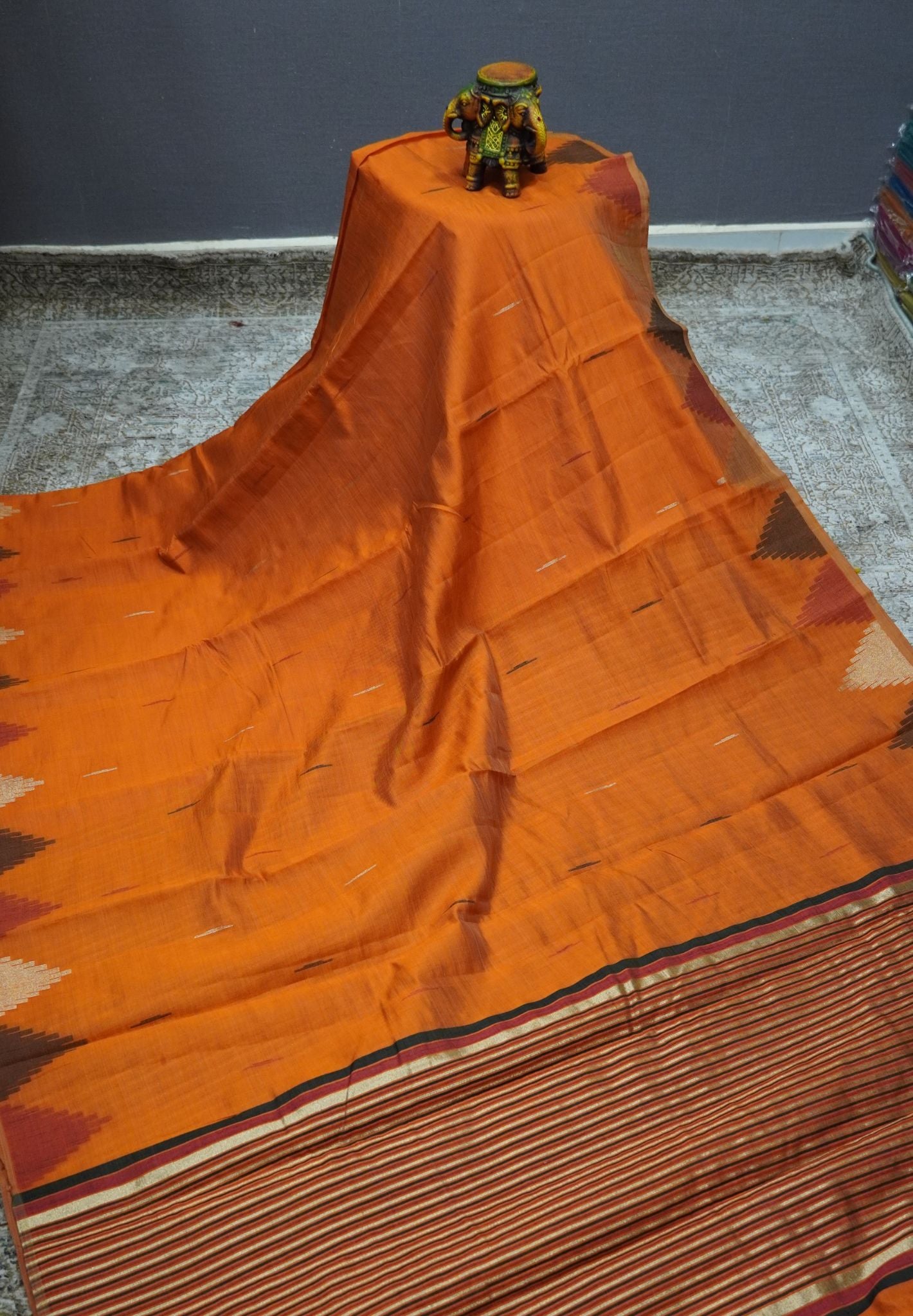 Semi Tussar Saree – Contemporary Temple Border Design – Orange