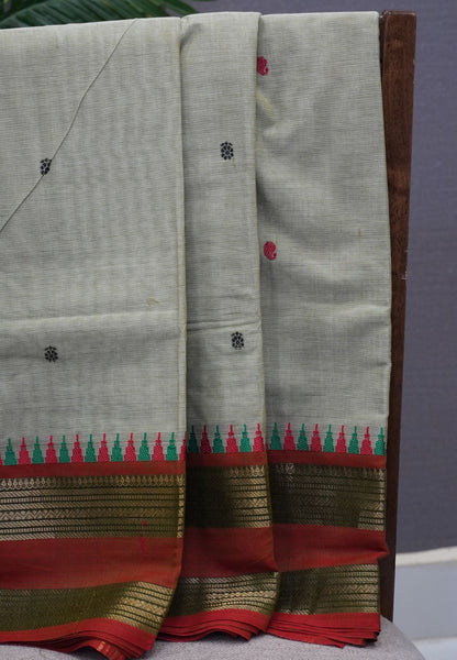 Chettinadu Cotton Saree-Elachi Green with Contrast Brick Red Border