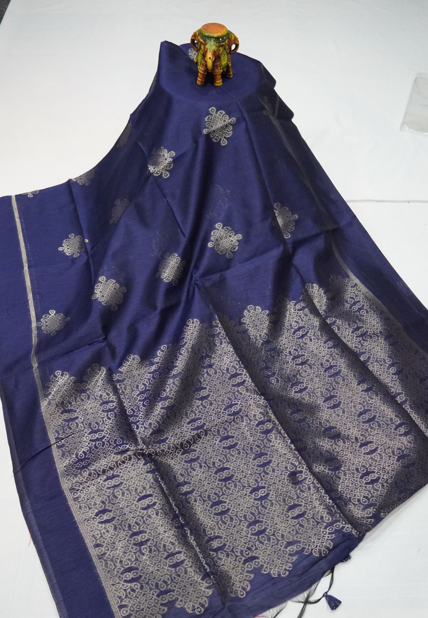 Semi Raw Silk Saree - Navy Blue in Kolam Pattern