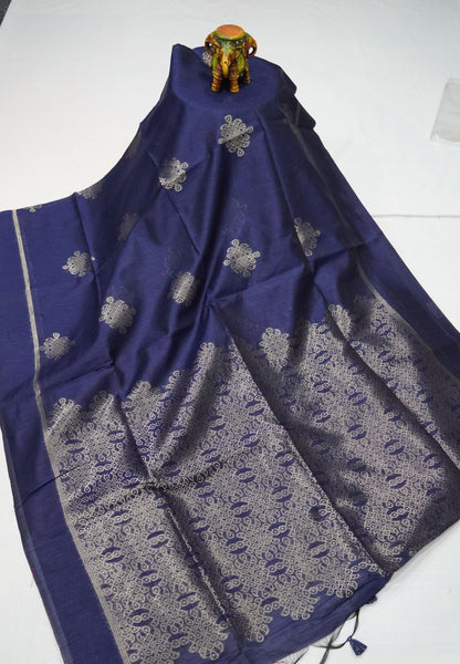 Semi Raw Silk Saree - Navy Blue in Kolam Pattern