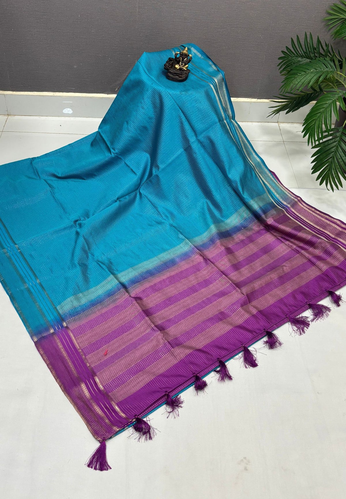 Mulberry Silk Saree-Ramar Blue In Striped Zari With Contrast Border