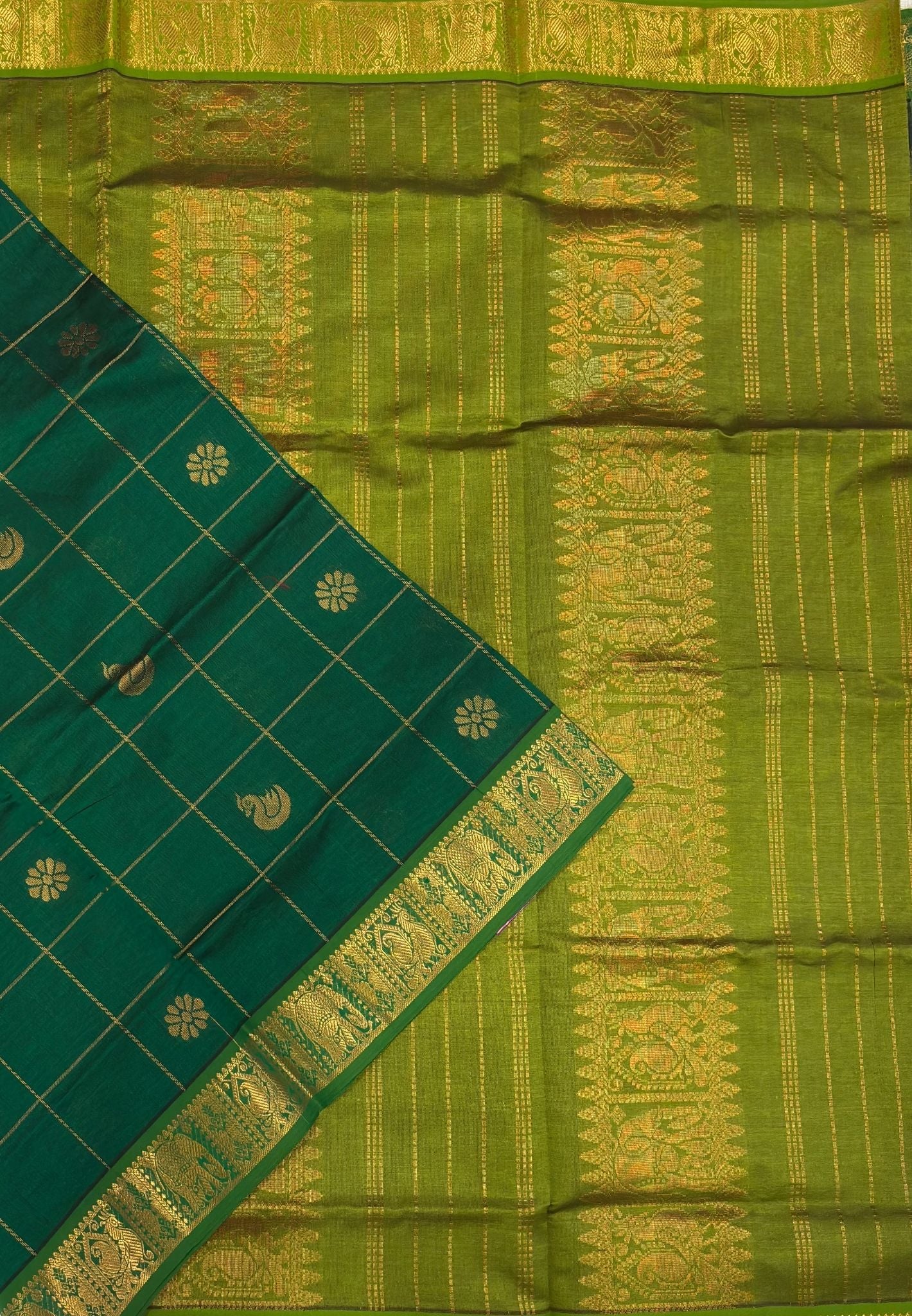 Silk Cotton Saree-Grass Green with Annapakshi Butta and Border