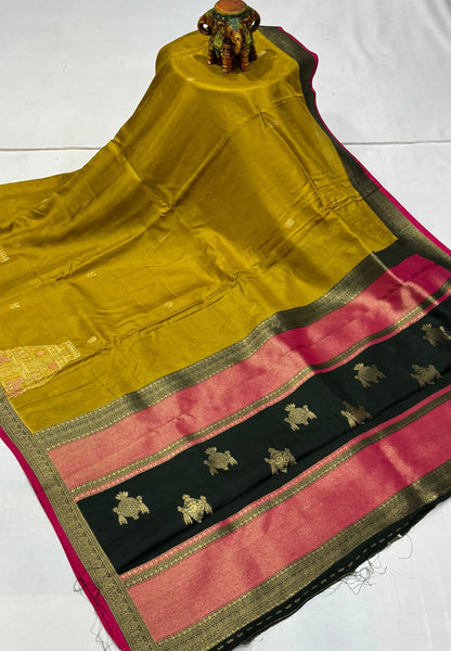 Art Mysore Silk Saree-Mehndi Green with Rajagopuram Zari Border