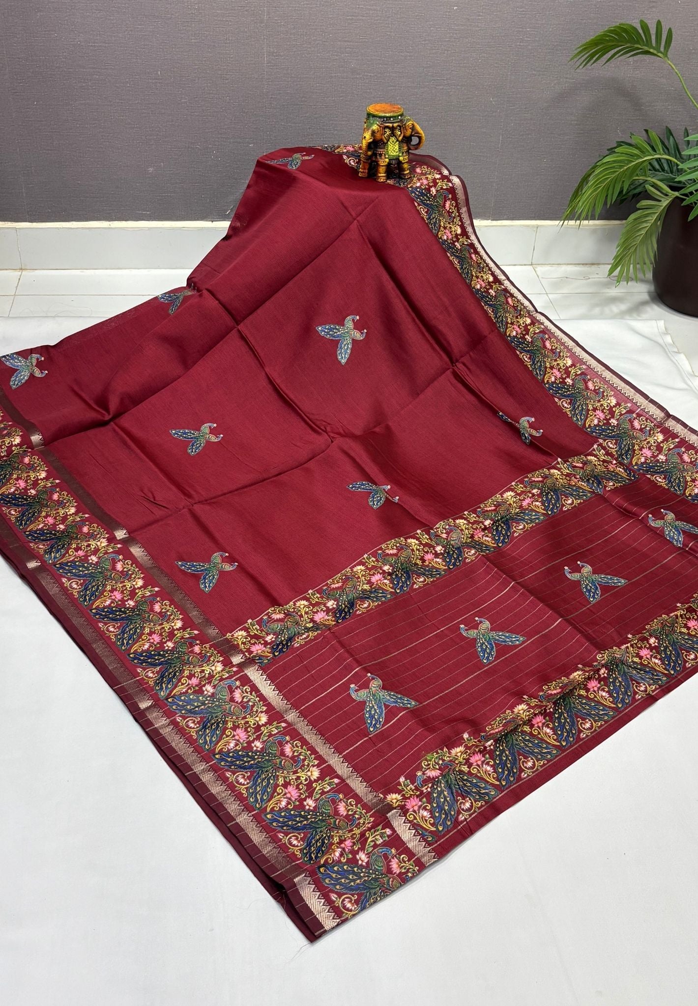 Pure Mangalgiri Silk Saree-Maroon Rettapet with Tanjore Print