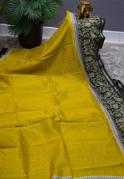 Jute Tussar Saree - Lime Green & Green with Floral Print
