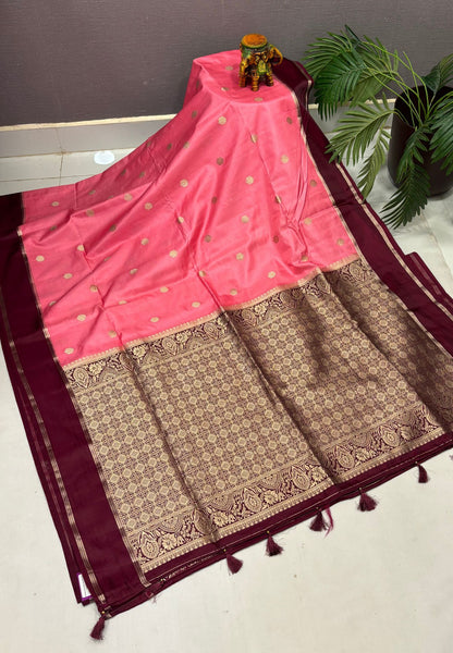 Gaji Silk Saree-Peach Pink in Butta Retpet Zari with Contrast Border