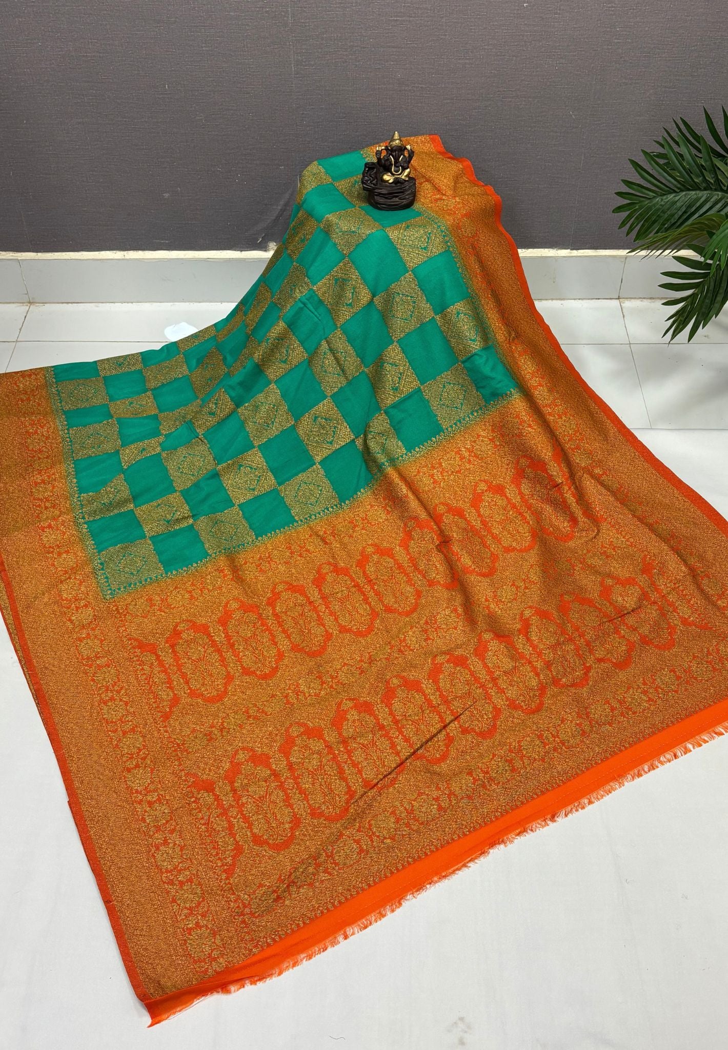 Banarasi Crepe Saree-Teal Green In Square Check Brocade With Contrast Border