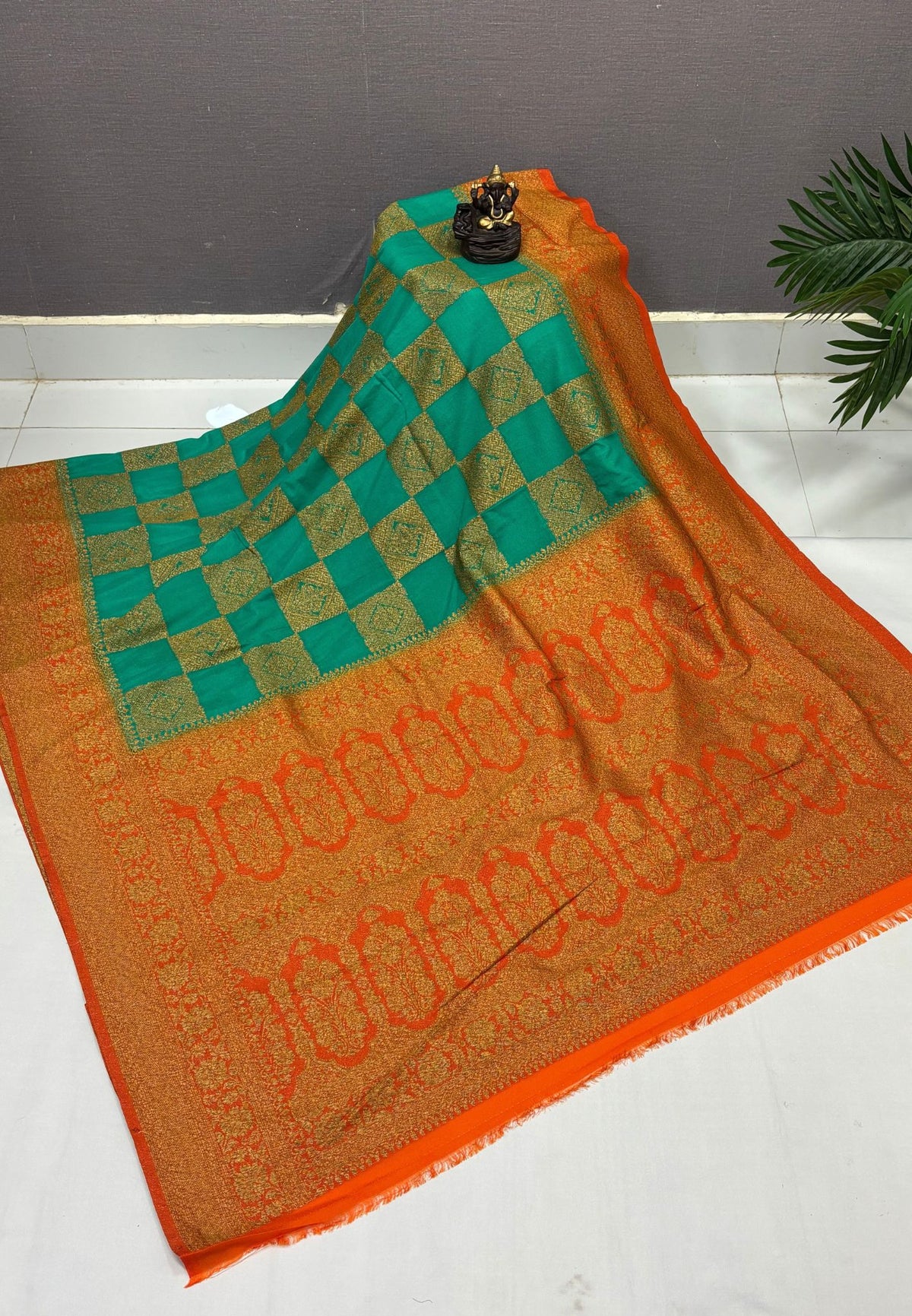 Banarasi Crepe Saree-Teal Green In Square Check Brocade With Contrast Border