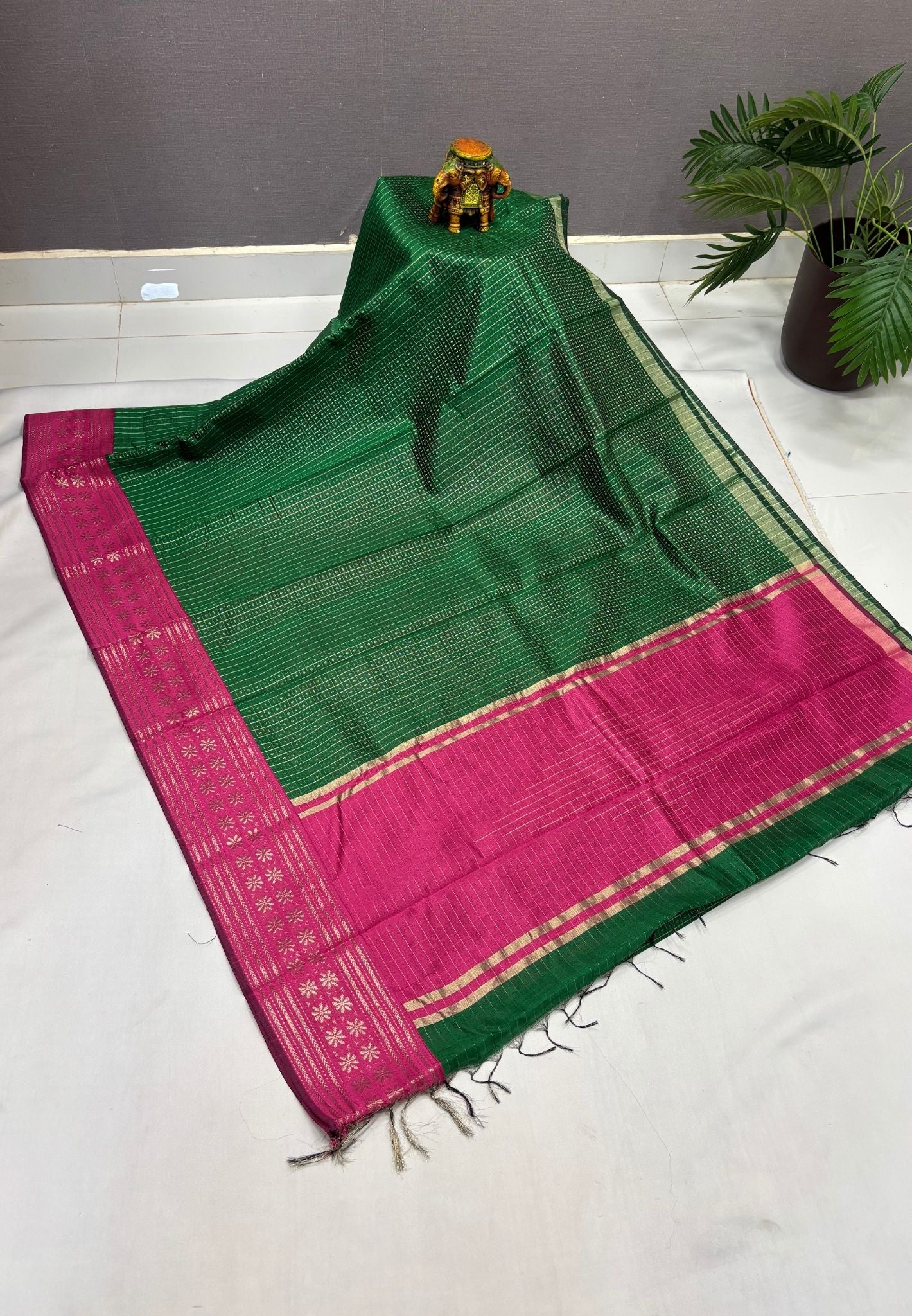 Raw Silk Saree-Green in 1000 Butta with Contrast Zari Border