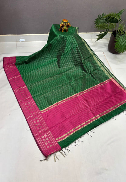 Raw Silk Saree-Green in 1000 Butta with Contrast Zari Border