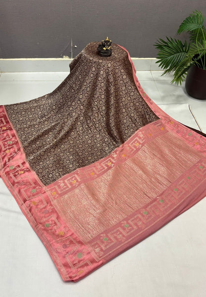 Banarasi Brocade Silk Saree-Brown with Contrast Border