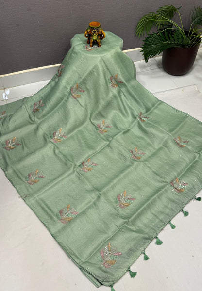 Blueberry Silk Saree-Sea Form Green in Leaf Butta Embroidery Border