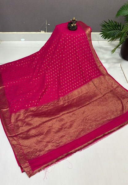 Banarasi Georgette Saree-Rani Pink with Mini Leaf Butta and Zari Border