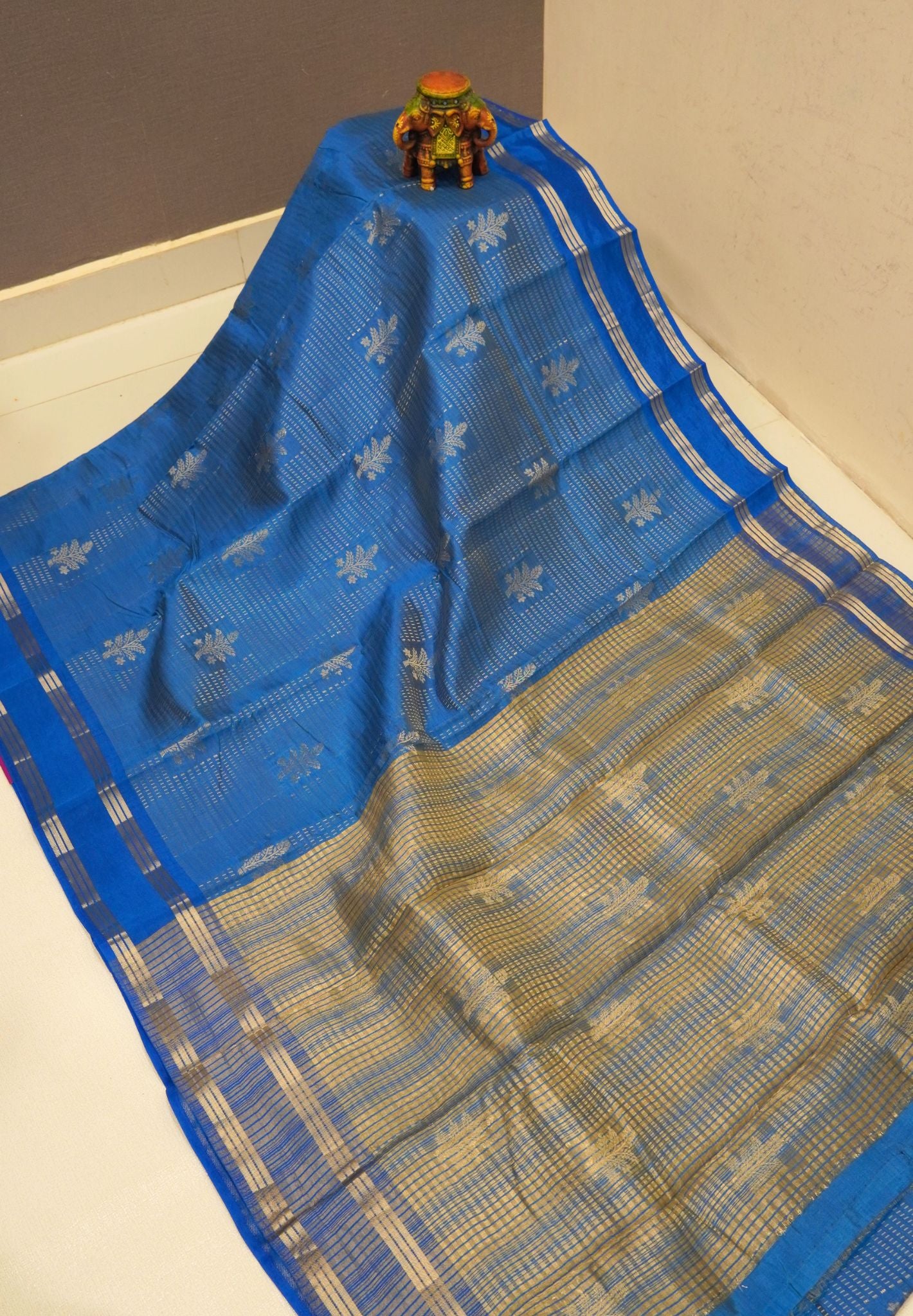 Semi Tussar Saree-Blue in RainDrop Zari with Retapet Border