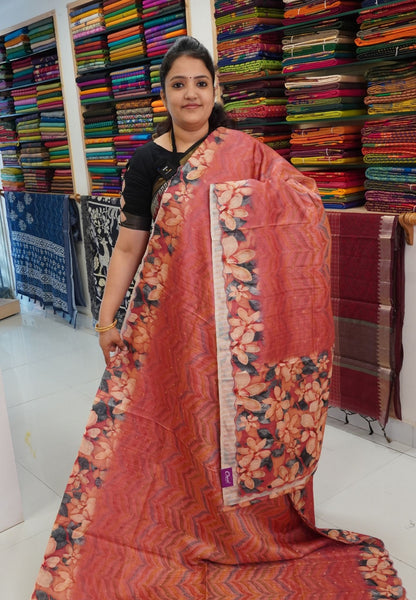 Semi Tussar Saree - Zigzag Floral Pink