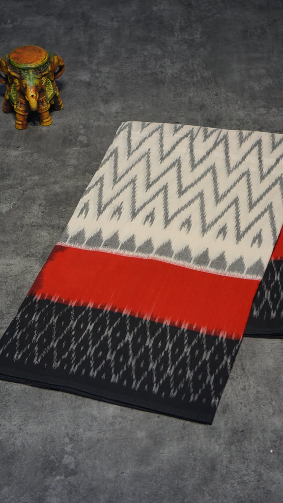 Pochampally Cotton double Ikkat Saree White - Grey