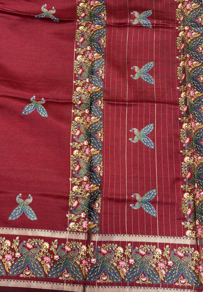Pure Mangalgiri Silk Saree-Maroon Rettapet with Tanjore Print