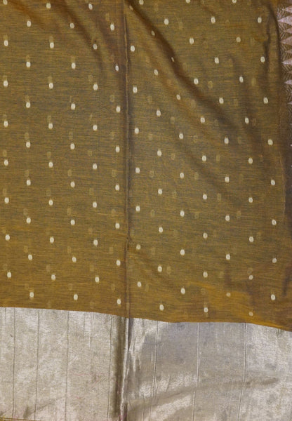 Handloom Cotton Saree-Khaki With Delicate Woven Buttas