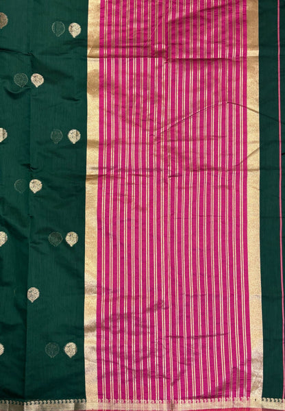 Semi Maheswari Saree-Bottle Green In Golden Stripe Border