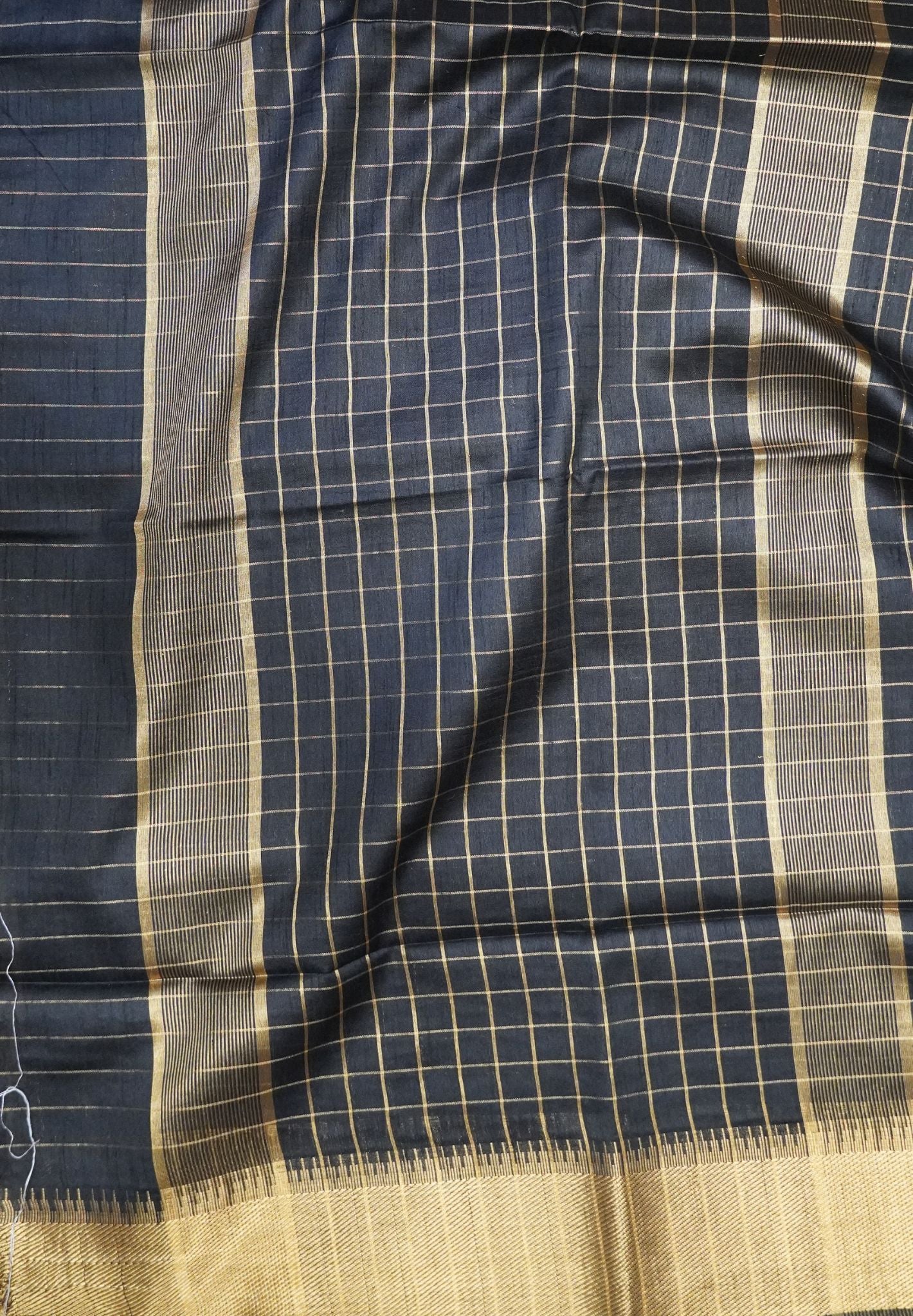 Semi Raw Silk Saree-Black in Checked Zari