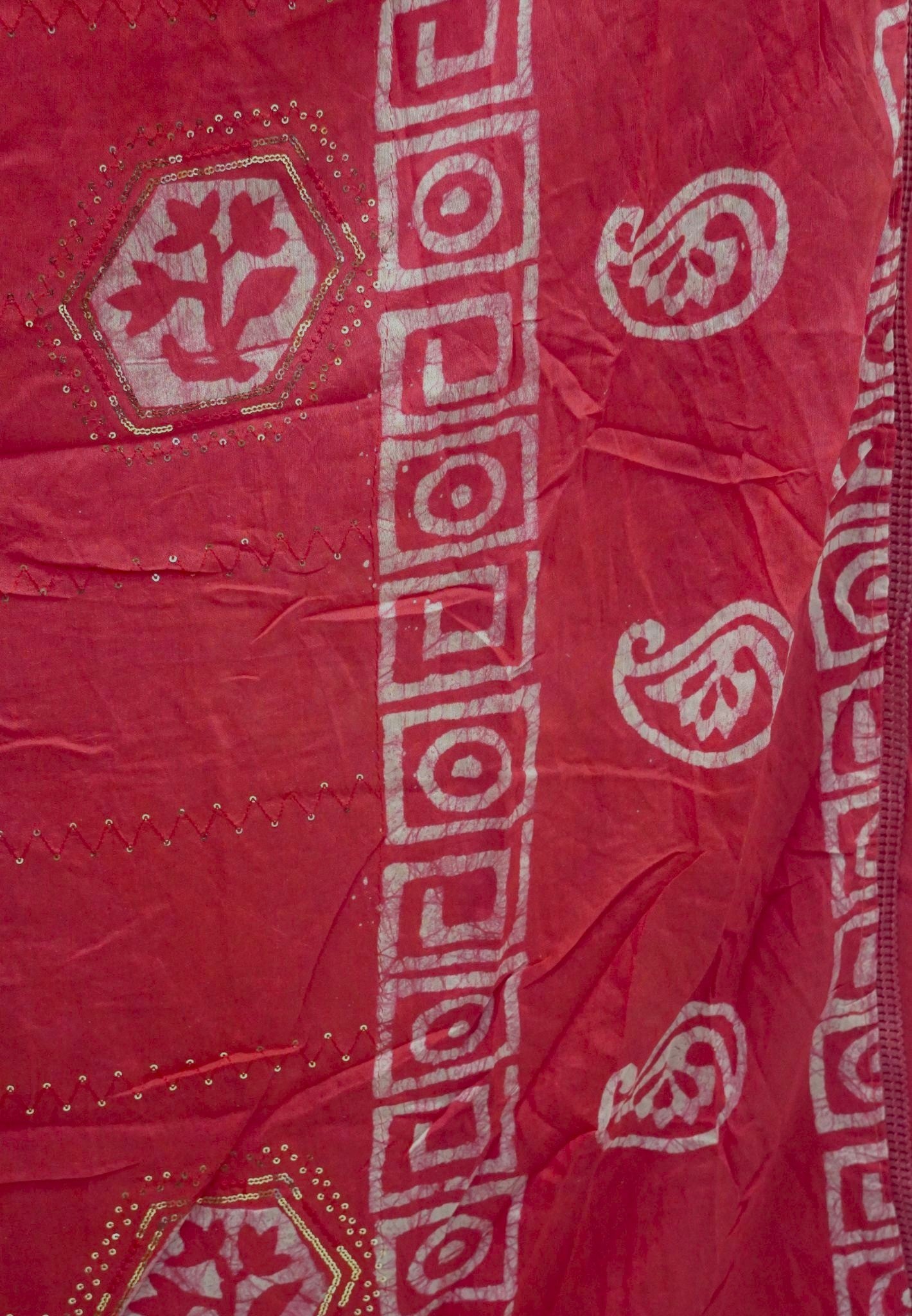 Batick Cotton Saree- Red with Sequence Work