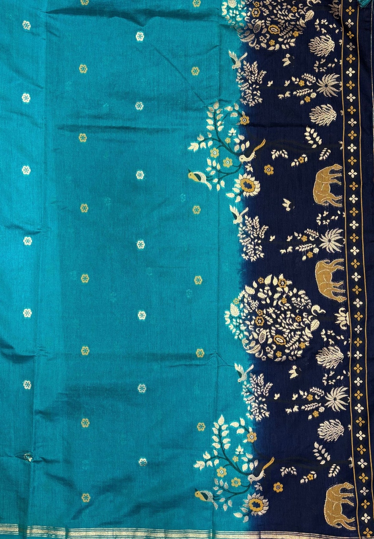 Gaji Silk Saree-Ramar Blue In Warli Tree & Elephant With Contrast Border