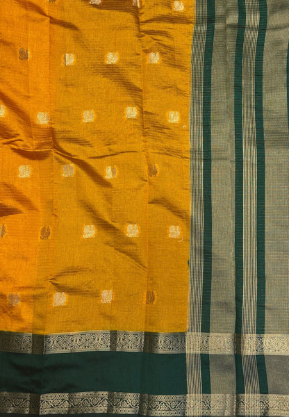 Semi Tussar Saree- Mustrd in Traditional Floral Zari Stripe with Contrast Border