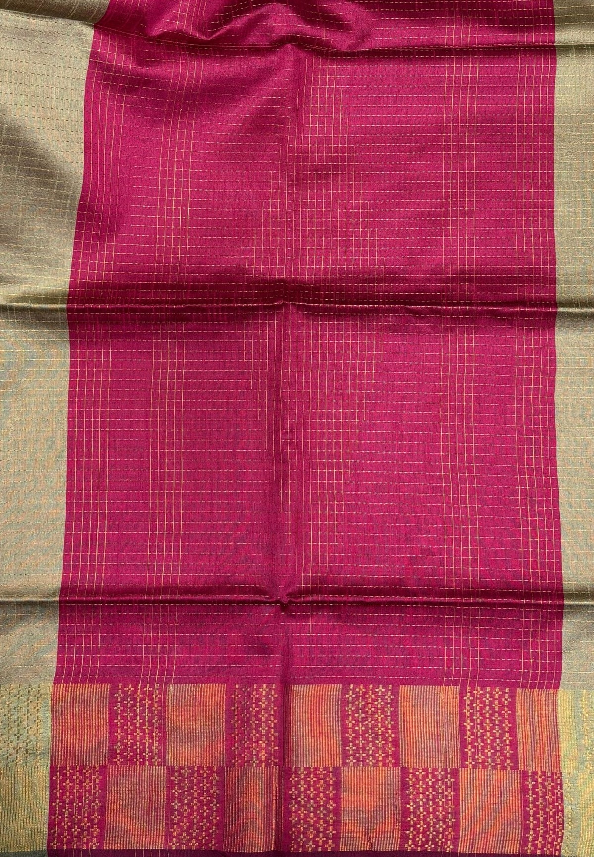Semi Raw Silk Saree-Light Elachi In Checkered Zari With Contrast Border