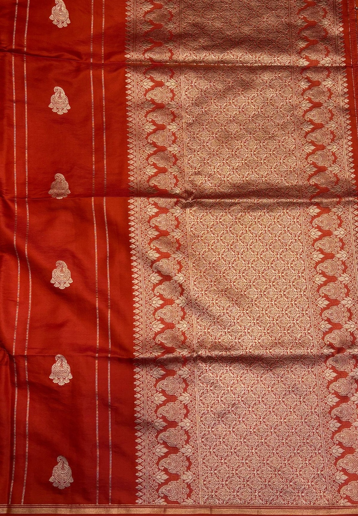 Gaji Silk Saree-Rust Orange in Paisley Jhumka Zari Border