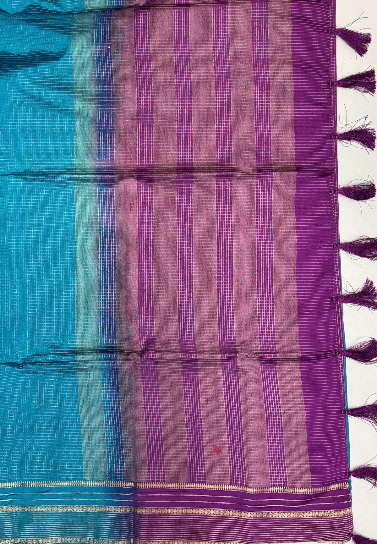 Mulberry Silk Saree-Ramar Blue In Striped Zari With Contrast Border