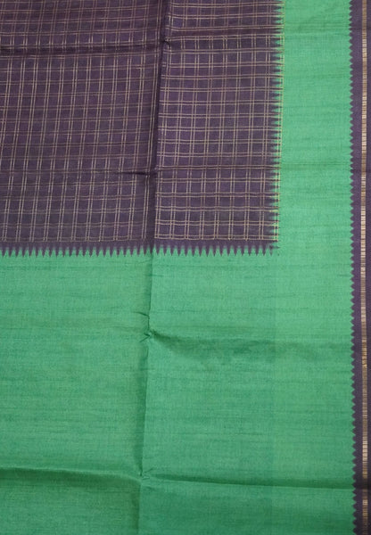 Semi Matka Tussar Saree-Dark Purple with Contrast Border and Zari Checks