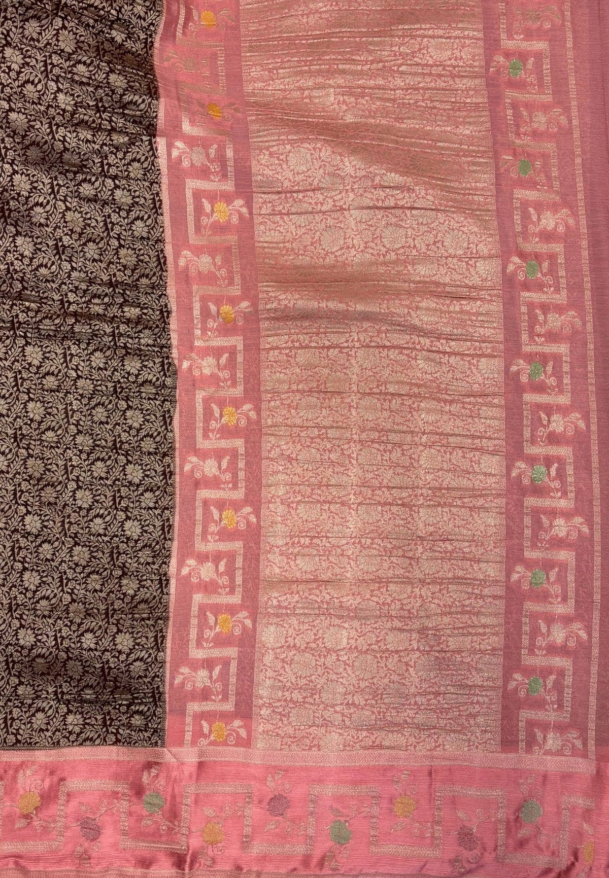 Banarasi Brocade Silk Saree-Brown with Contrast Border