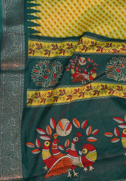 Semi Dola Saree-Yellow in Checked Pattern