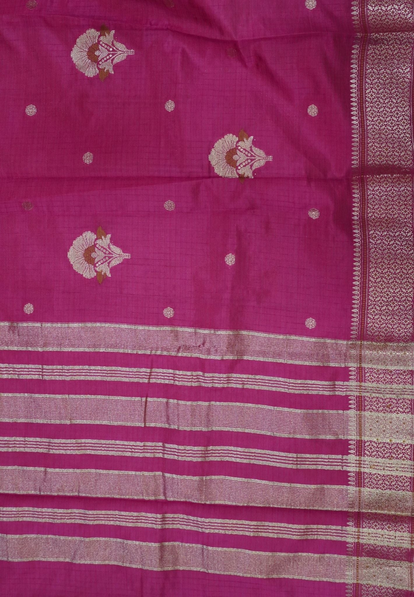 Semi Tussar Saree-Rani Pink with Floral Zari Motif