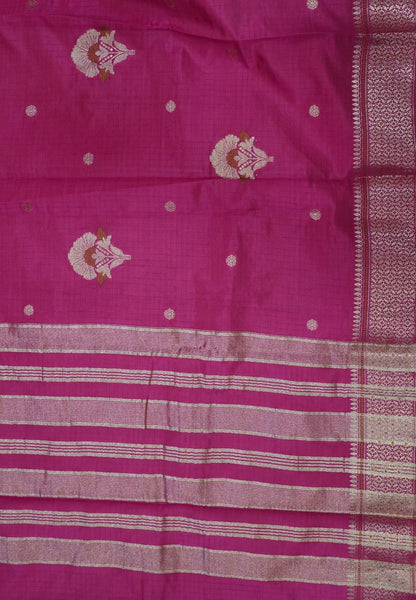 Semi Tussar Saree-Rani Pink with Floral Zari Motif