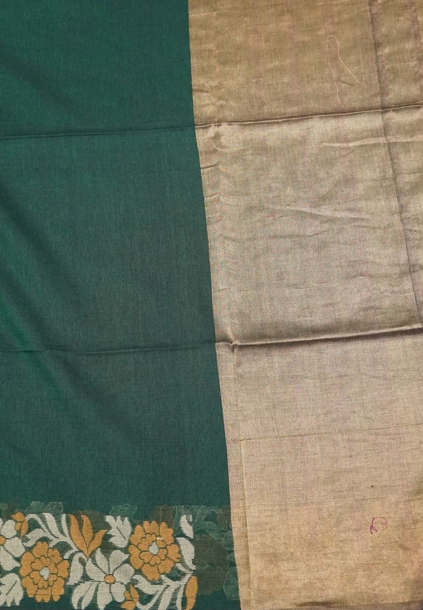 Handloom Cotton Saree-Green Marigold Floral Jamdhani Border